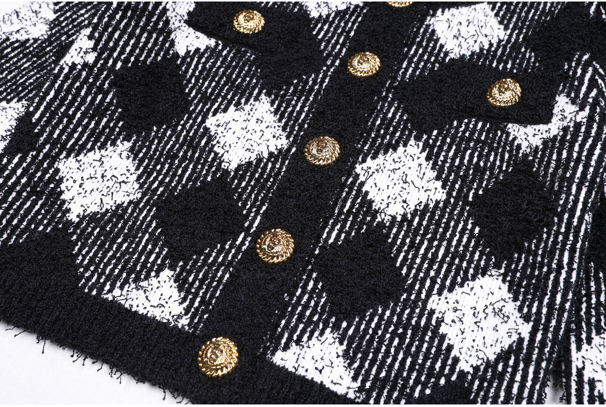 BLACK & WHITE GINGHAM TWEED CARDIGAN