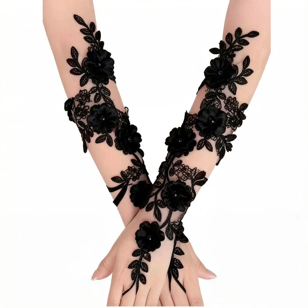 3D FLORAL PEARL LACE BRIDAL FINGERLESS GLOVES