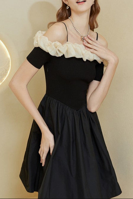 OFF-SHOULDER RUFFLE MINI DRESS, BLACK, PARTY