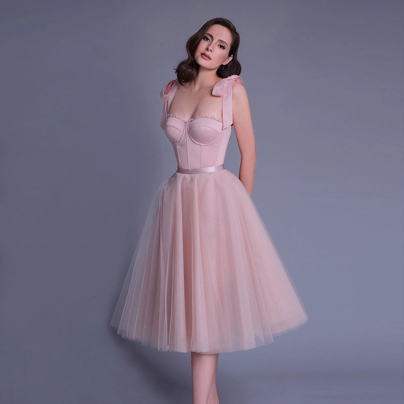 PINK UMBRELLA MIDI DRESS FOR WEDDING GUEST