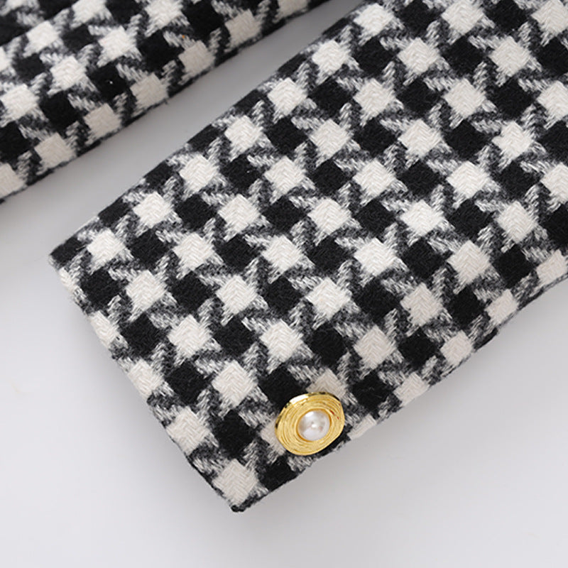 BLACK DOUBLE-BREASTED HOUNDSTOOTH TWEED BLAZER