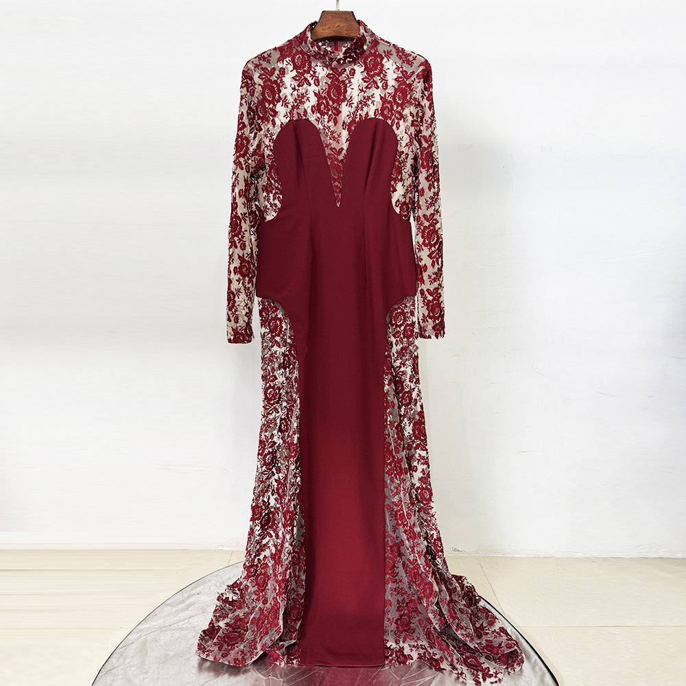 TRISTA MESH EMBROIDERY RED MAXI DRESS FOR EVENTS