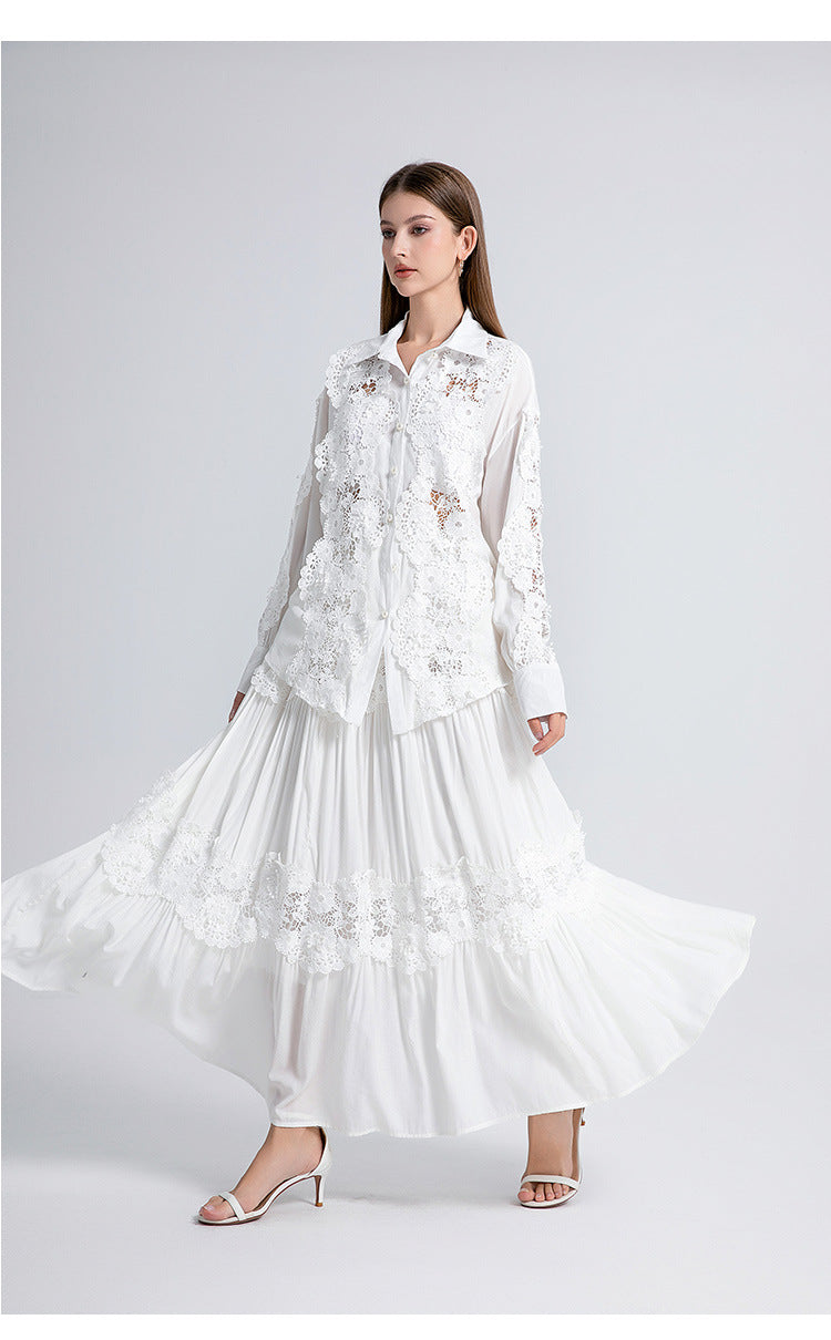 HOLLOW LACE MIDI DRESS WITH FLAPPED SPLICING IN WHITE
