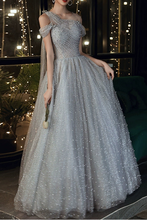 DUSTY BLUE ONE-SHOULDER PEARL MAXI EVENING GOWN