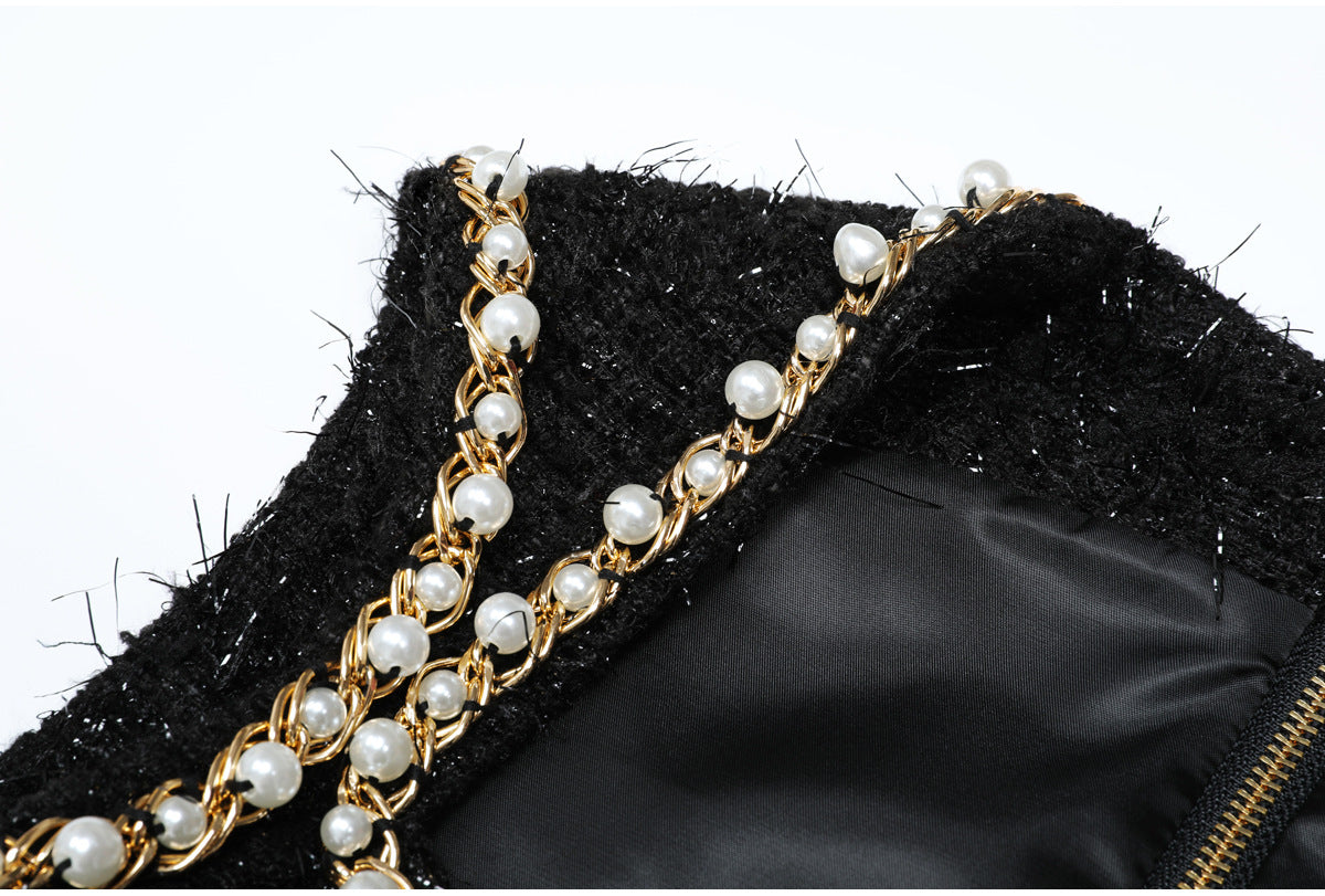 AMANDA BLACK TWEED PEARL MINI DRESS FOR COCKTAIL