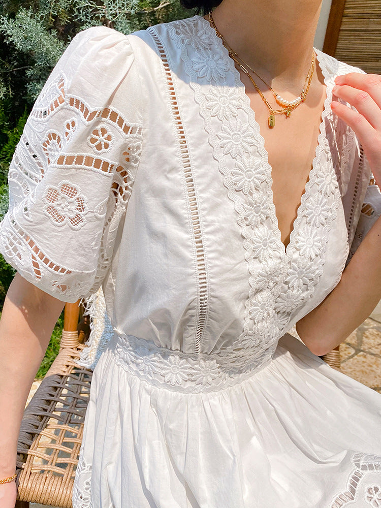 WHITE OPENWORK EMBROIDERED PETITE V-NECK SHORT DRESS