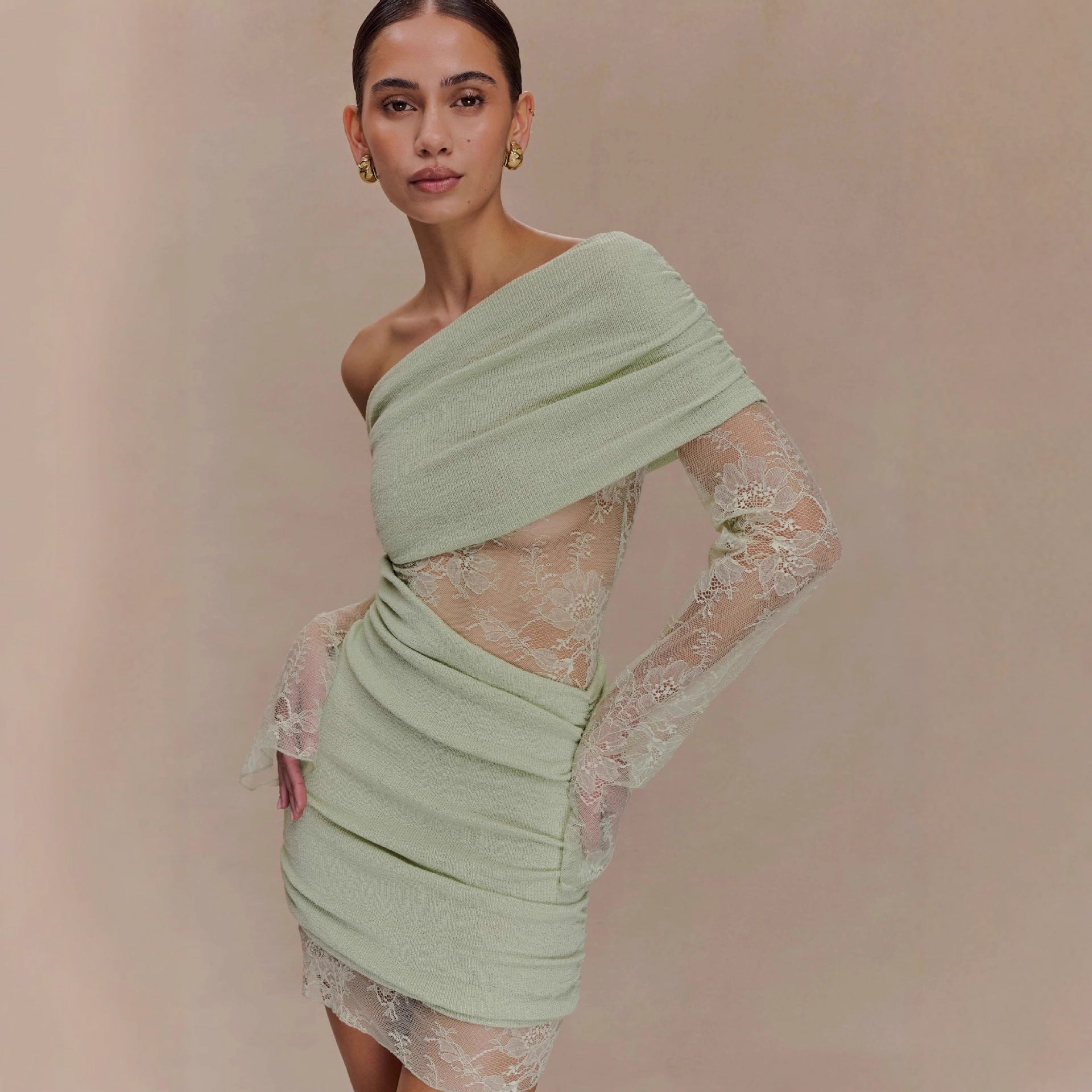MATCHA LACE STRAPLESS KNIT MINI DRESS