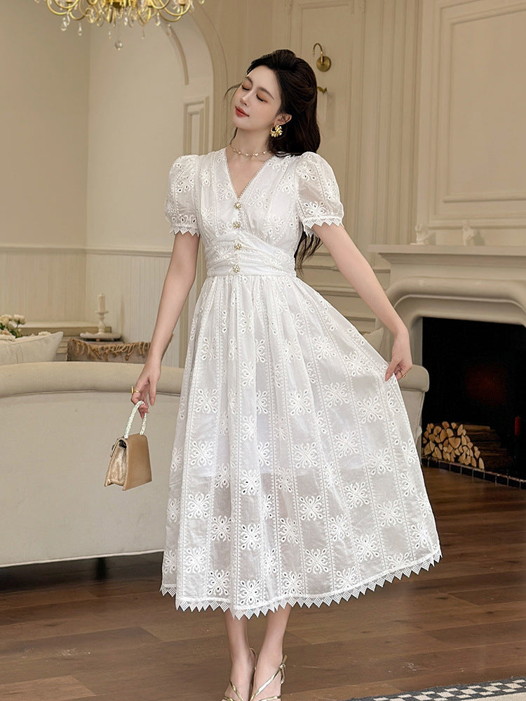 WHITE EYELET PUFF SLEEVE MIDI DRESS FOR SUMMER