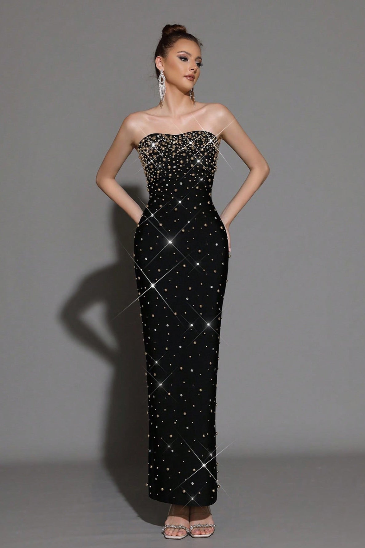 PEARL BEADED STRAPLESS BLACK MAXI DRESS, EVENING