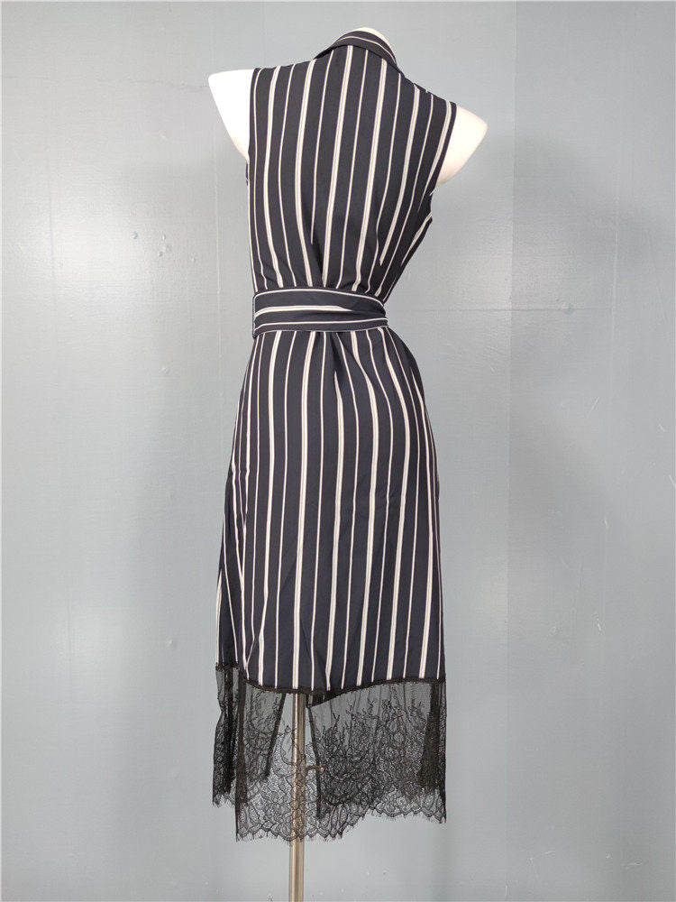 SLEEVELESS STRIPED BLAZER MIDI DRESS WITH LACE TRIM