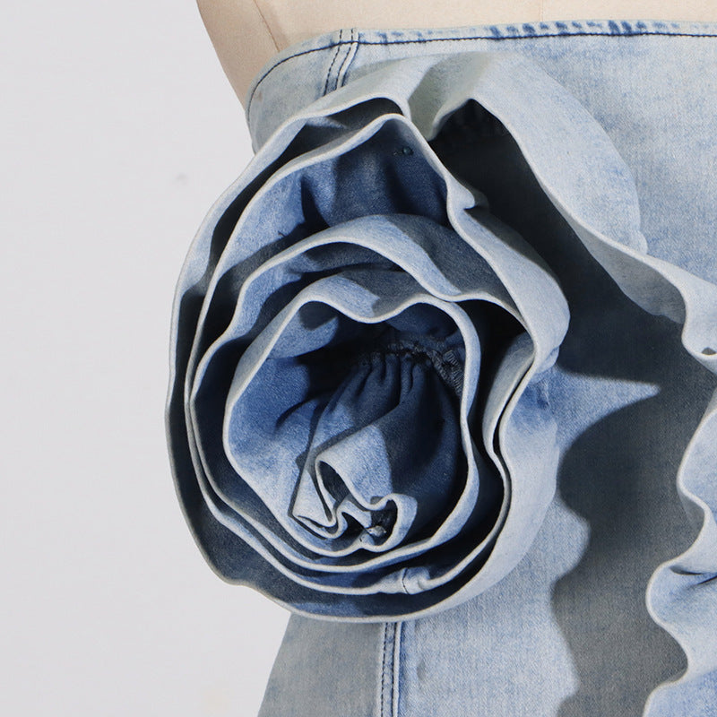 ALISON BLUE RUFFLED STRAPLESS DENIM MINI DRESS