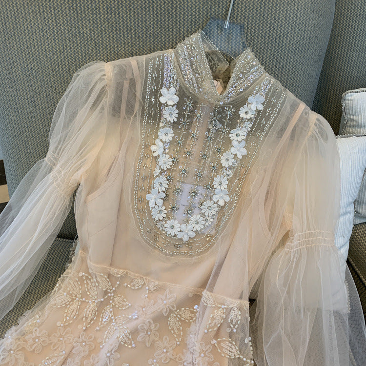 JENNIFER APRICOT FLORAL BEADED TULLE MINI DRESS