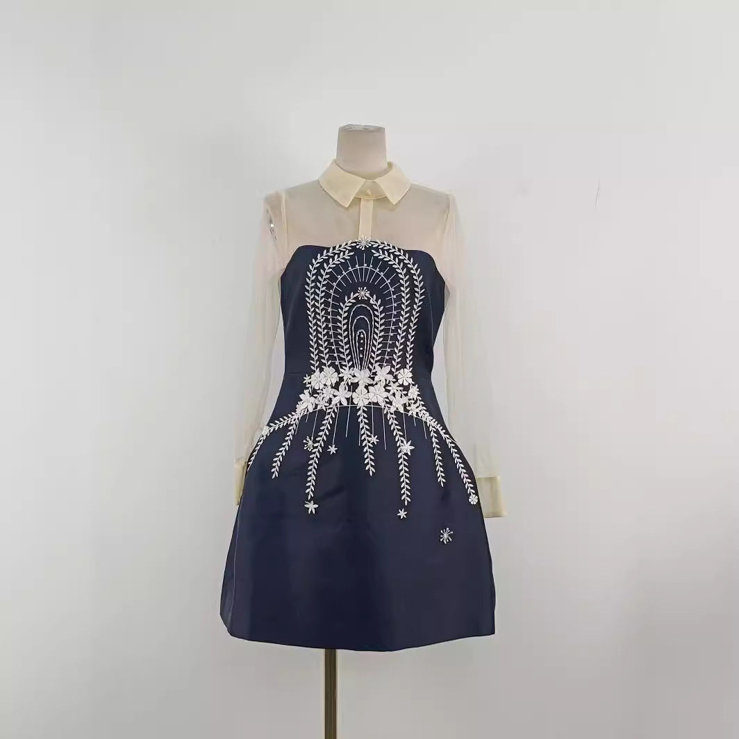 EMBROIDERED TULLE MINI DRESS, DARK BLUE, WEDDING GUEST