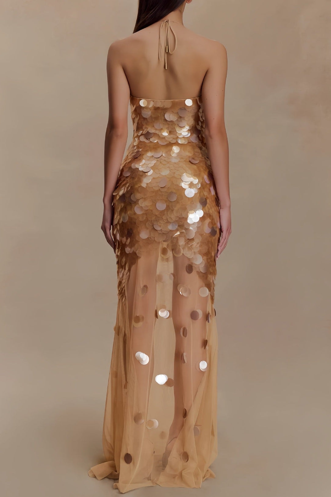 ALVA GOLD BACKLESS SEQUIN MAXI DRESS
