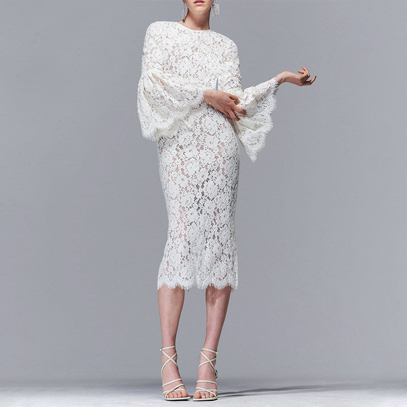 WHITE LACE HOLLOW MIDI DRESS FOR WEDDING
