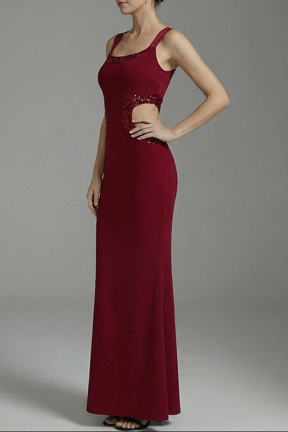 BEADED CUTOUT CREPE MAXI DRESS IN BURGUNDY