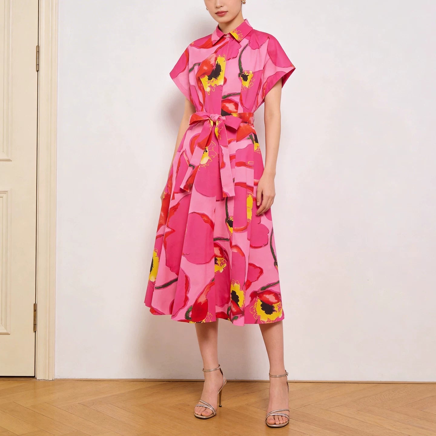 SATIN PINK MIDI DRESS FOR WEDDING GUEST