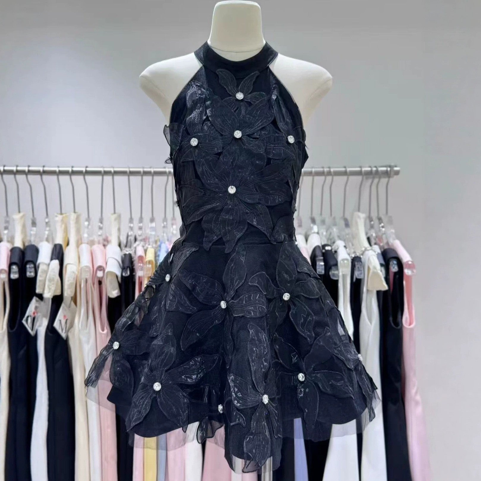 HALTER FLORAL RHINESTONE SHEER MINI DRESS