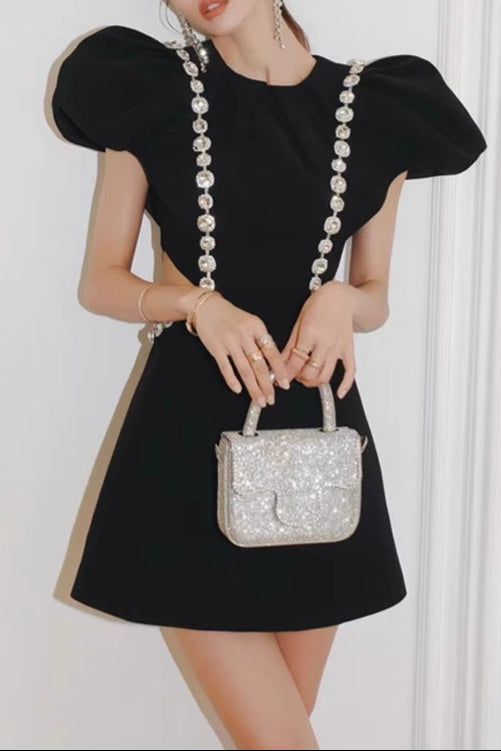3D RUFFLE RHINESTONE HOLLOW MINI DRESS, BLACK