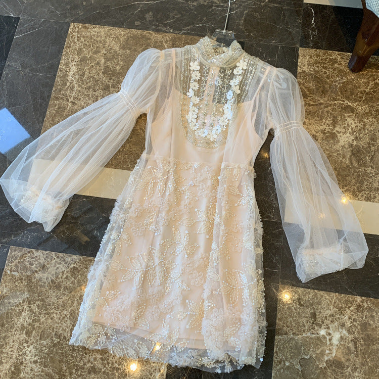 JENNIFER APRICOT FLORAL BEADED TULLE MINI DRESS