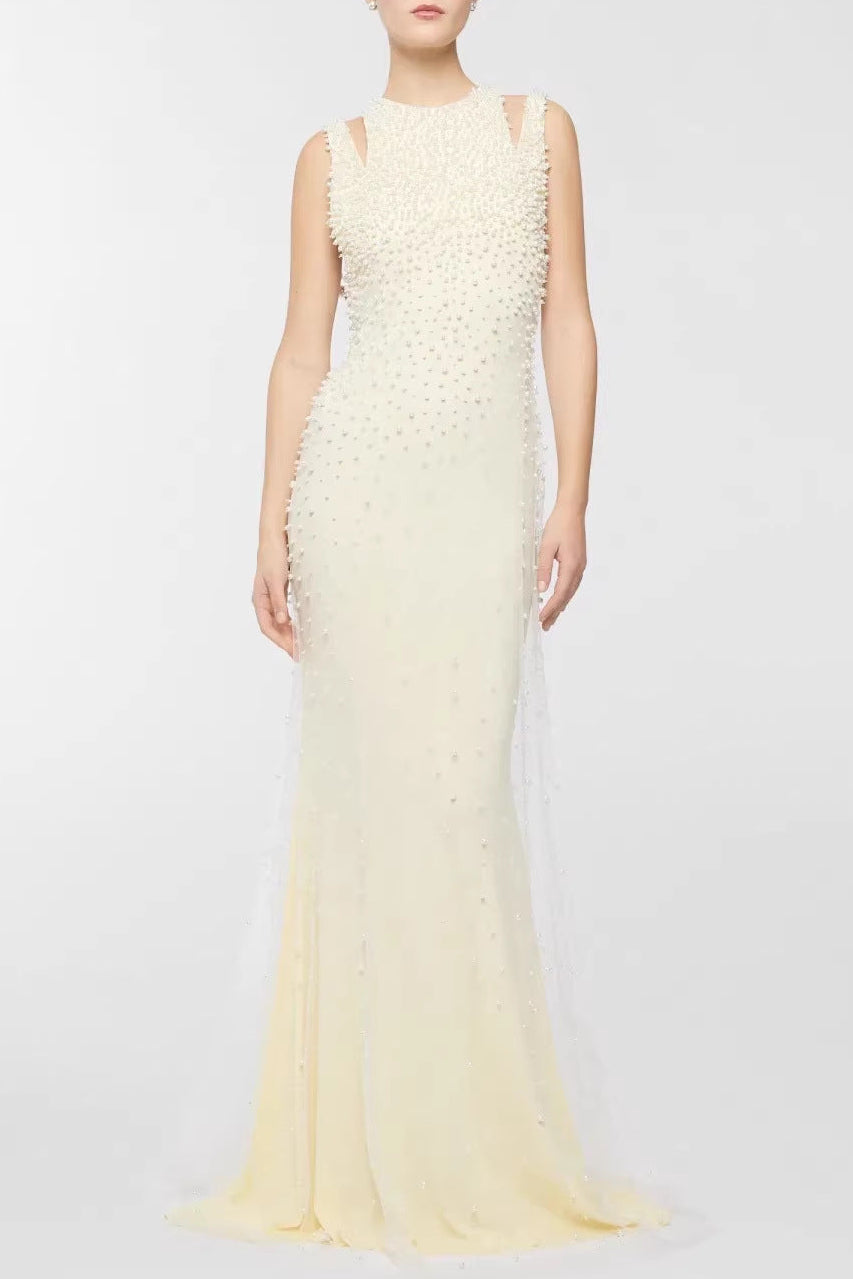 CRYSTAL PEARL TASSEL OFF-SHOULDER FISHTAIL MAXI DRESS FOR WEDDING