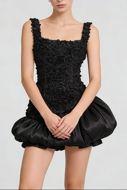 JOCELYN PUFFY MINI DRESS WITH FLOWER EMBELLISHMENT