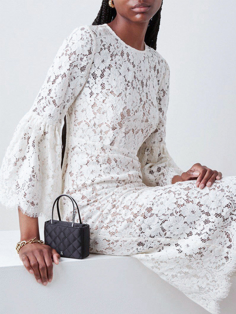 WHITE LACE HOLLOW MIDI DRESS FOR WEDDING