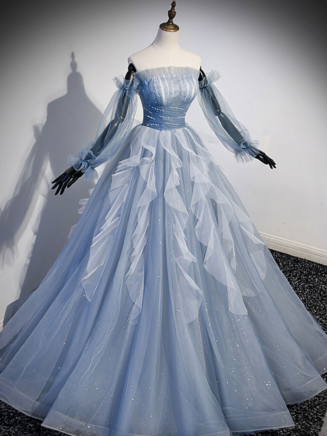 A-LINE TULLE GRAY BLUE PROM DRESS