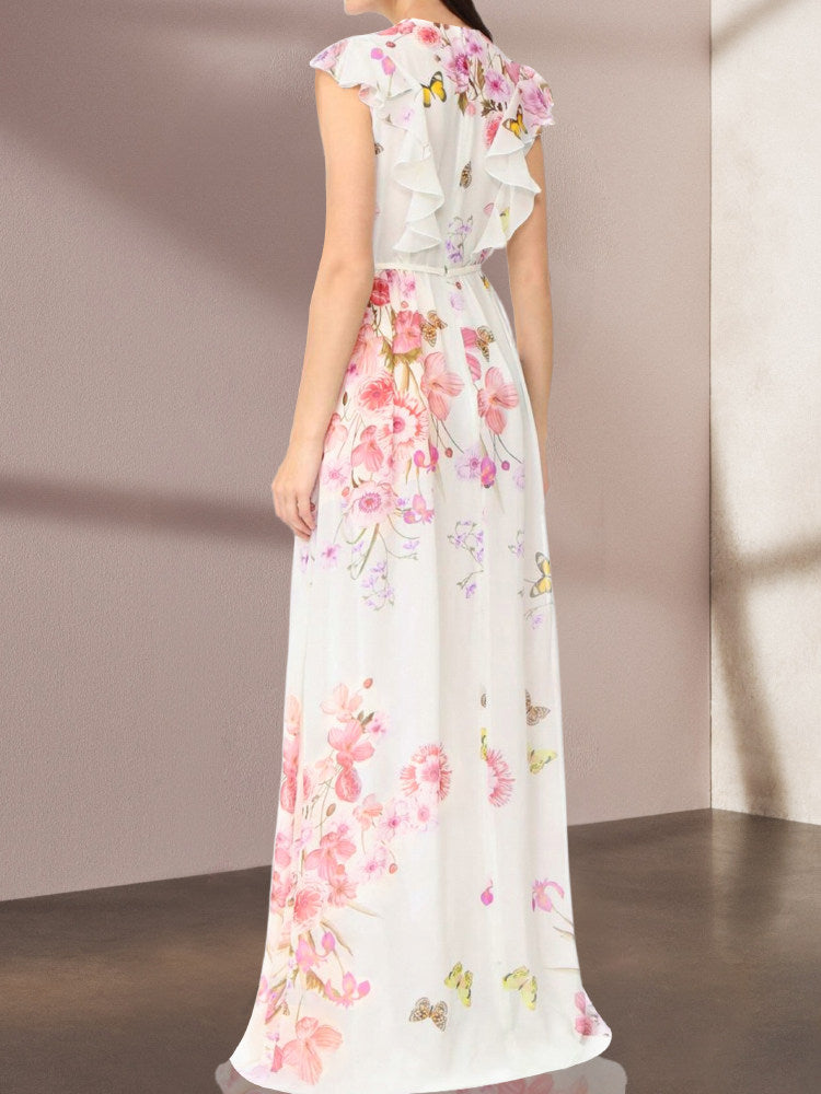 WHITE FLORAL FLYING SLEEVE MAXI DRESS