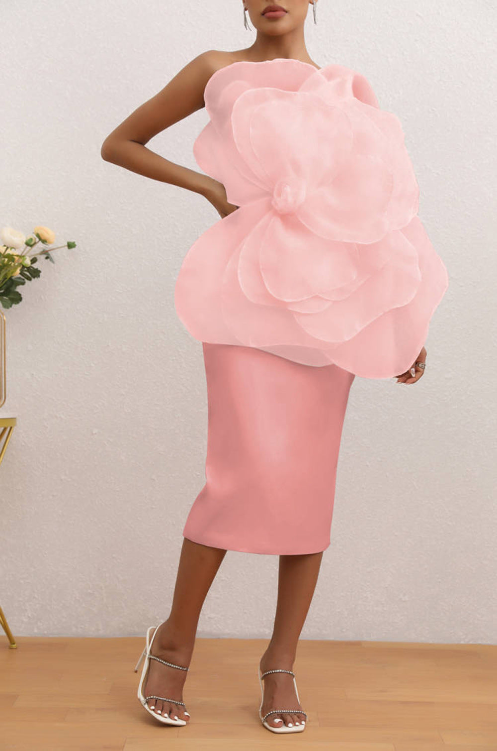 PINK ONE SHOULDER MESH FLOWER MIDI DRESS