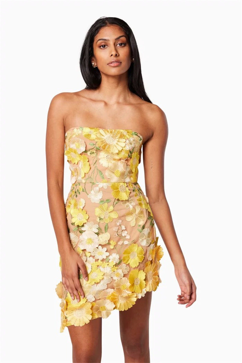FLORAL STRAPLESS MINI DRESS YELLOW PARTY