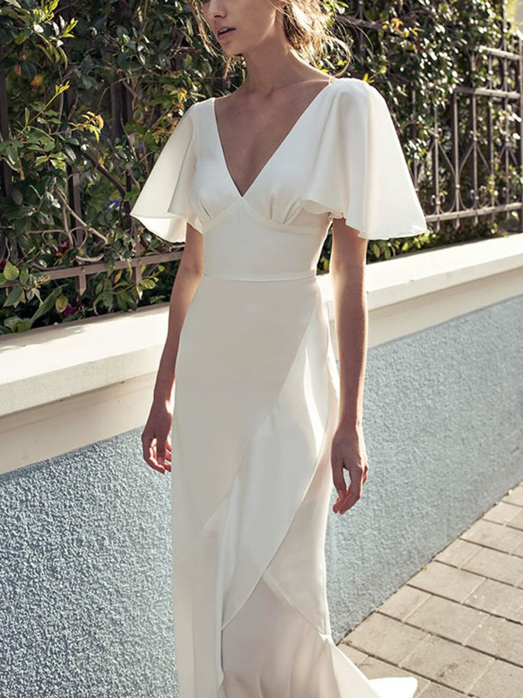 WHITE SATIN BACKLESS DRESS, FLARED SLEEVES V-NECK