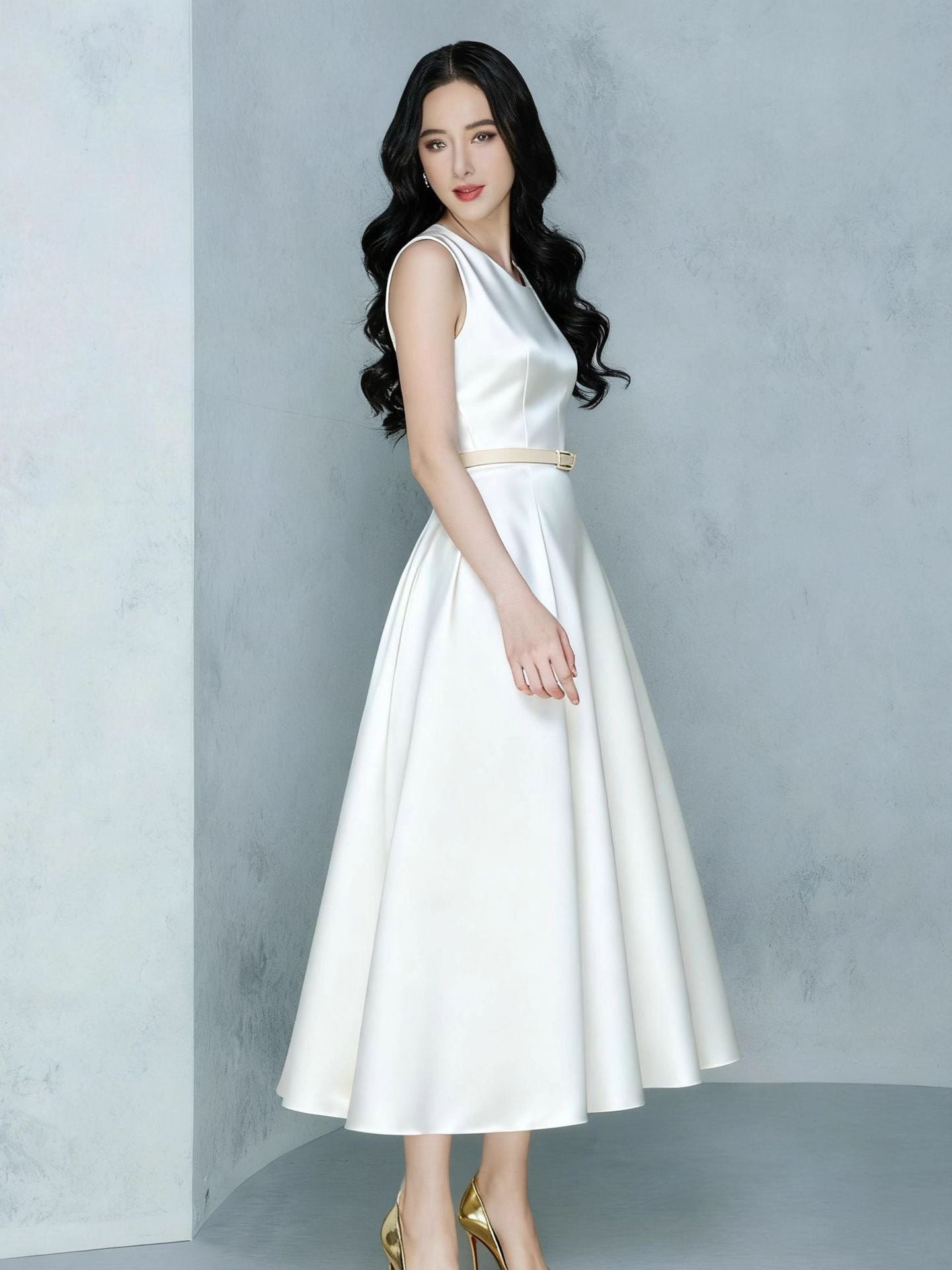 IRREGULAR BOW BELTED A-LINE MIDI DRESS