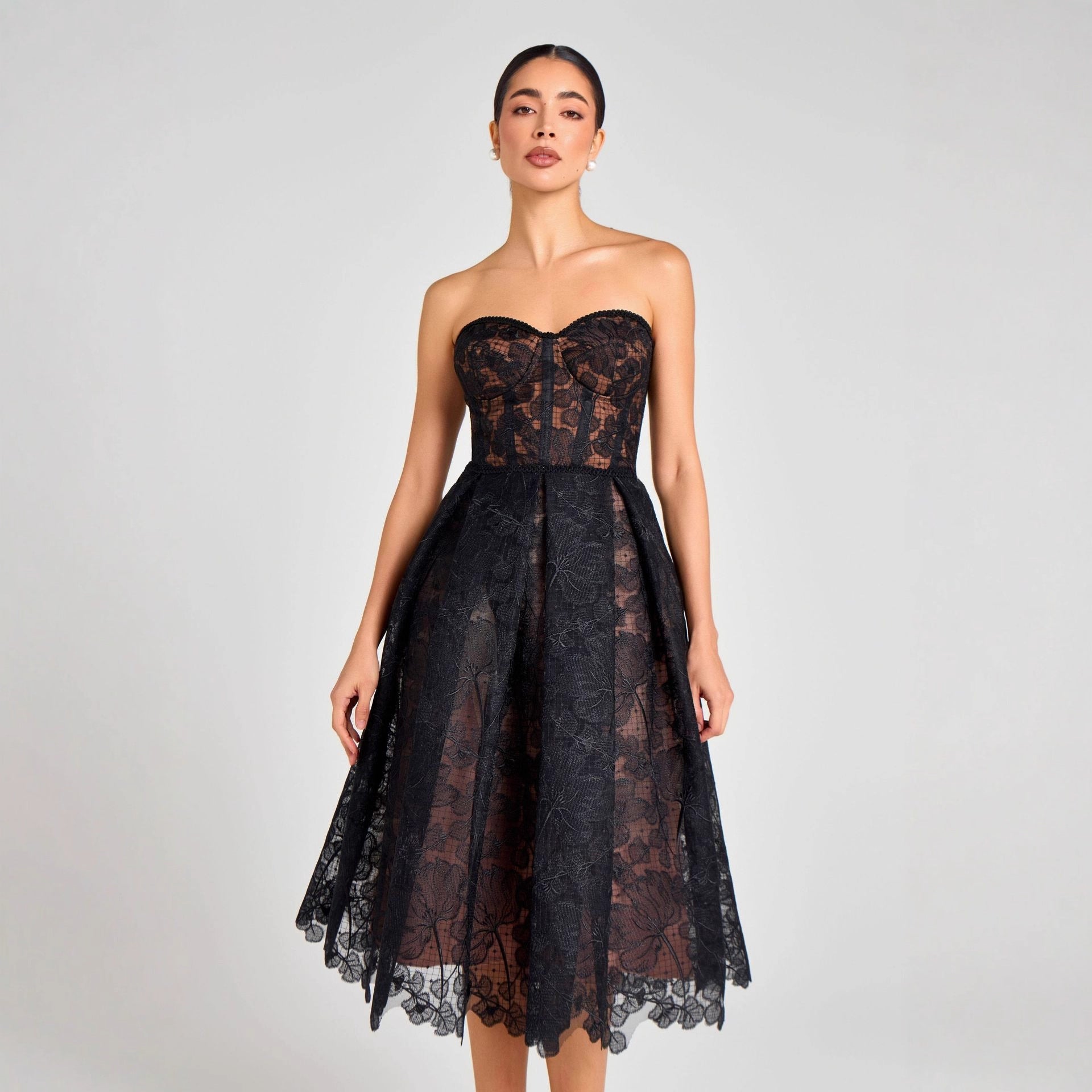 AGNENS BLACK LACE STRAPLESS MIDI DRESS