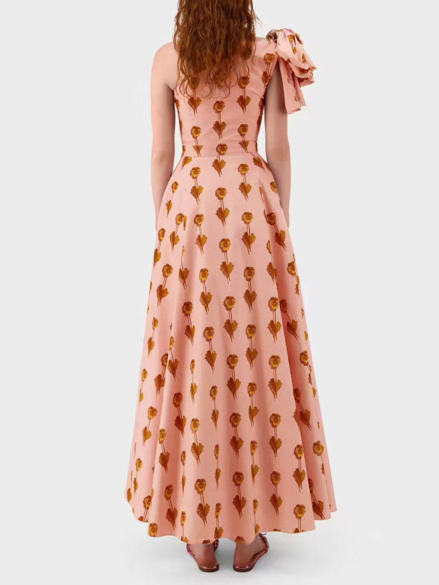 PINK BOW PRINT SLANTED SHOULDER DRESS