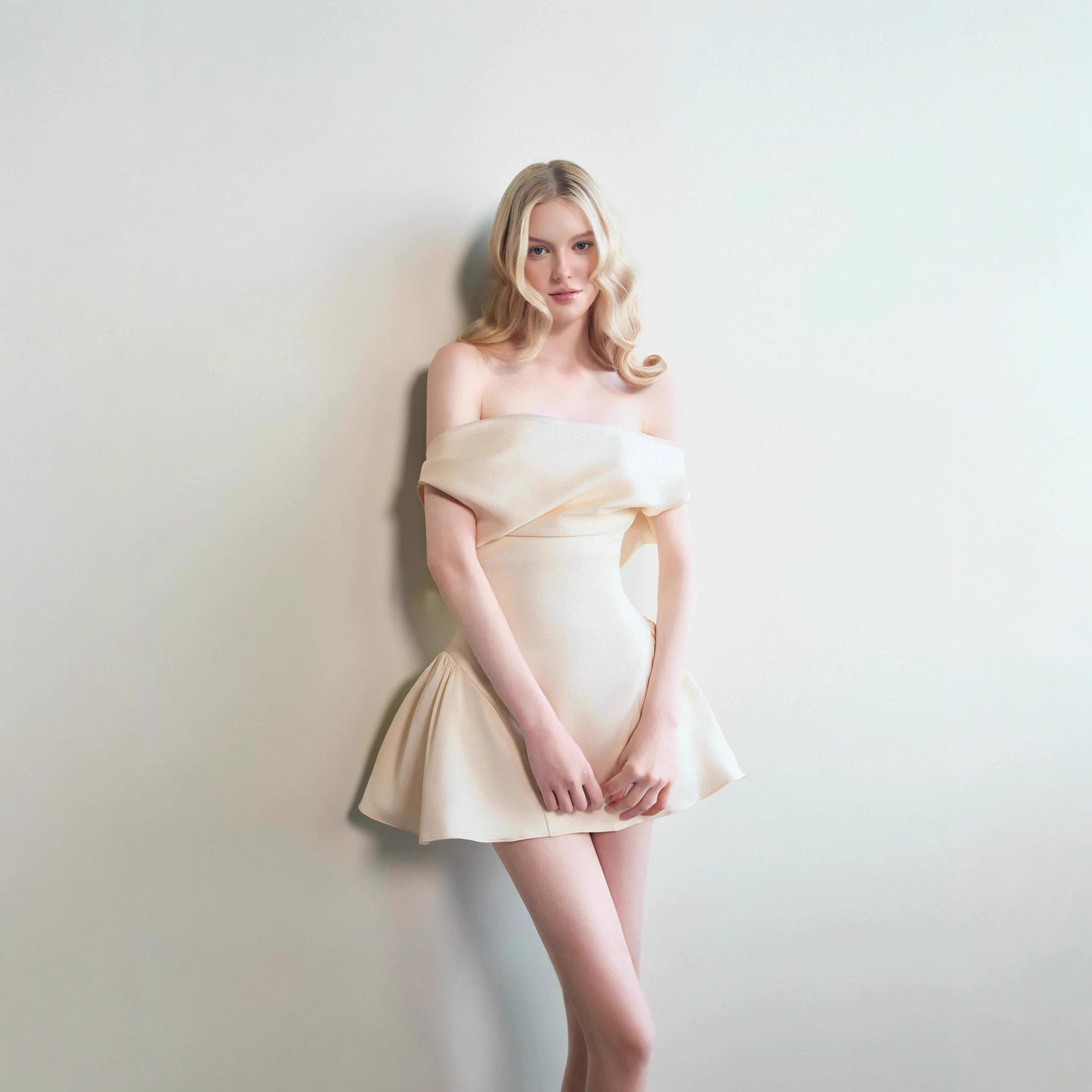 SATIN RUCHED MINI DRESS, CREAM WHITE COCKTAIL PARTY