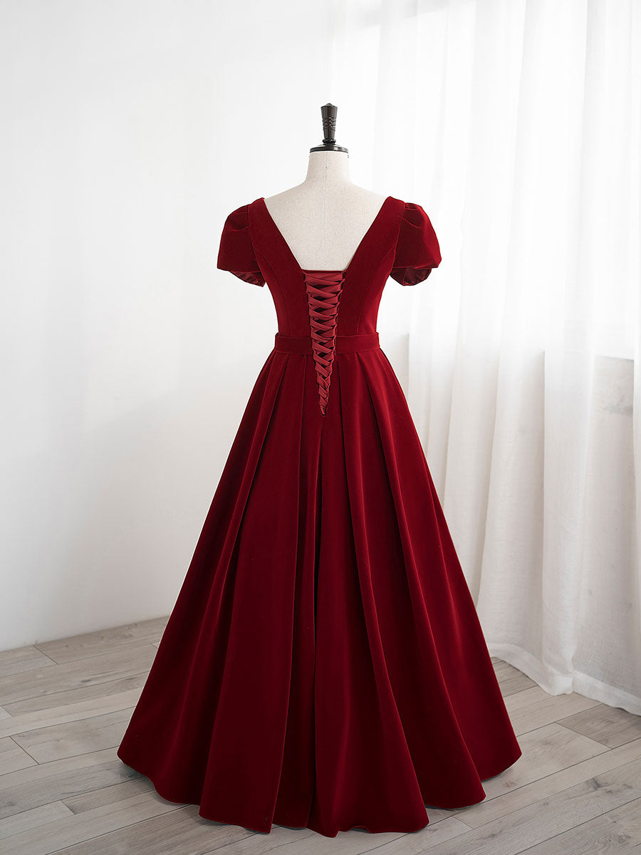A-LINE VELVET BURGUNDY DRESS FOR EVENTS