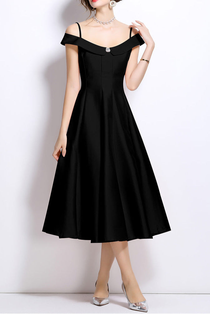 MEROY OFF-SHOULDER SATIN MIDI DRESS BLACK