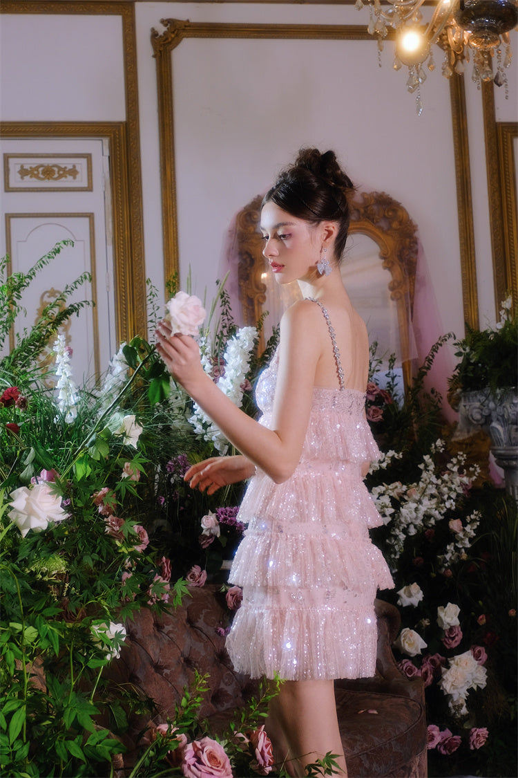 PINK SLEEVELESS SEQUIN RUFFLE SHORT PARTY DRESS