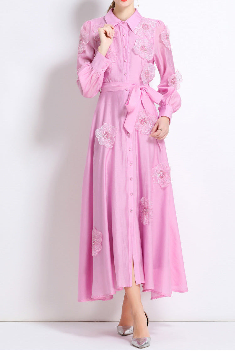 SALLY EMBROIDERED APPLIQUÉ MIDI DRESS, PINK