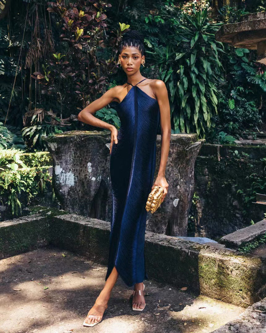 TASSEL BACK SLIT HALTER DRESS FOR PARTY