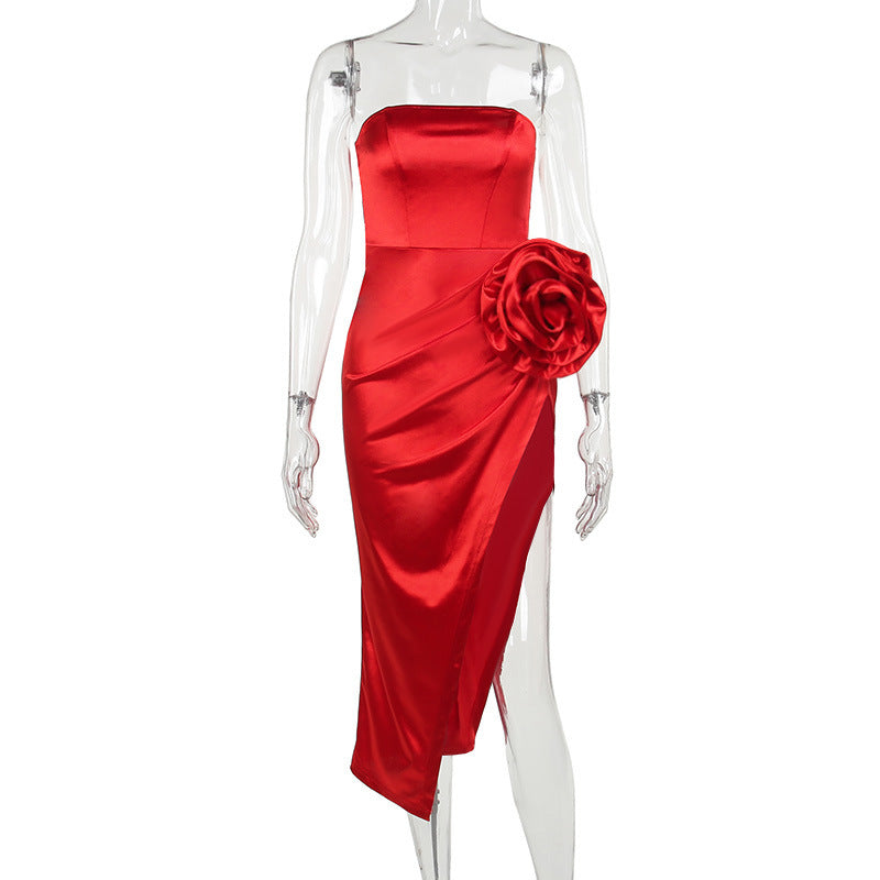 STRAPLESS FLOWER SATIN MIDI DRESS FOR WEDDING