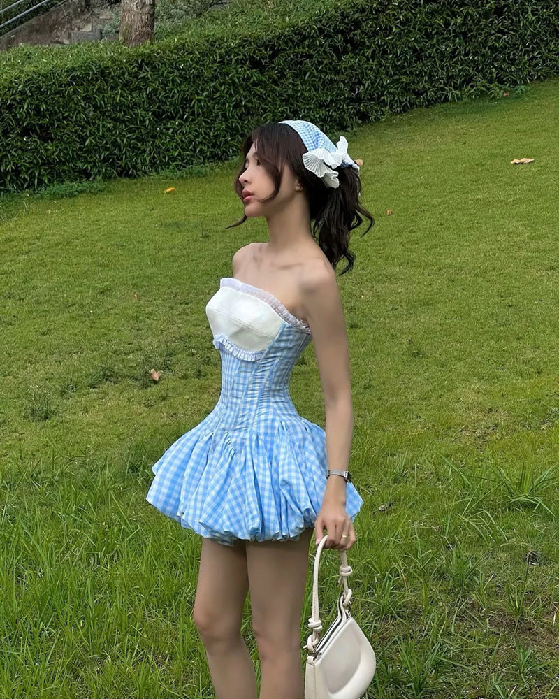 STEPHANIE PLAID STRAPLESS PUFFY MINI DRESS - BLUE