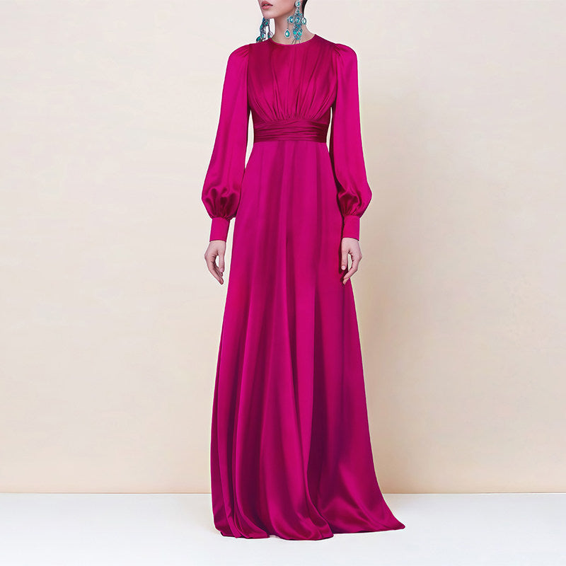 FUCHSIA SATIN LONG SLEEVE MAXI DRESS WITH GATHERED WAIST