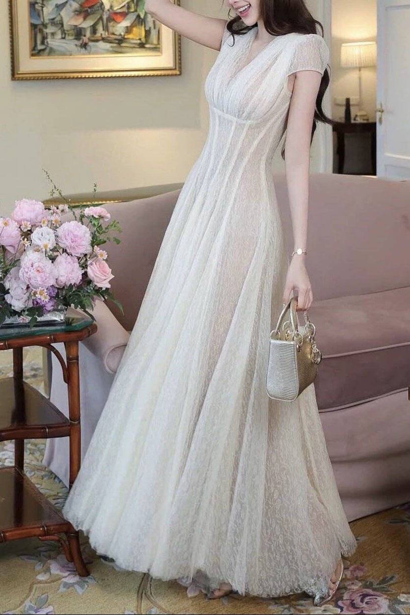 GLITTER TULLE V-NECK EMPIRE MAXI DRESS FOR EVENTS