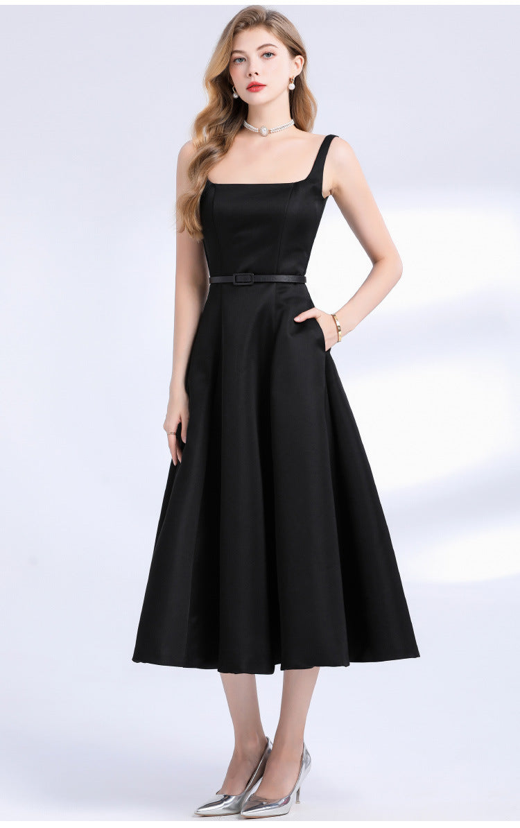 AMELIA SQUARE NECK SATIN SLIP MIDI DRESS - BLACK