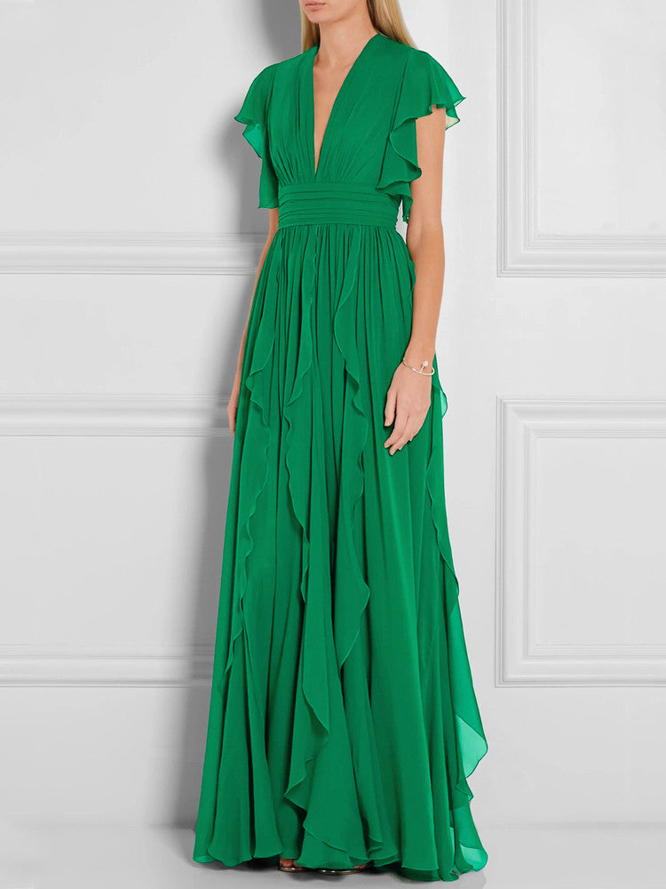GREEN V-NECK RUFFLE MAXI DRESS FOR WEDDING GUEST