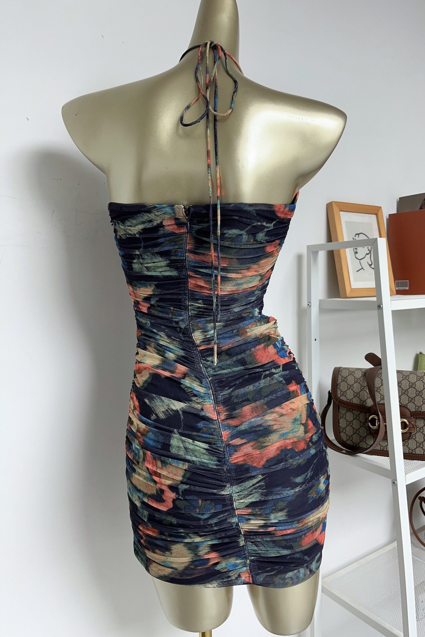 MULTICOLOR FLORAL PLEATED BODYCON MINI DRESS