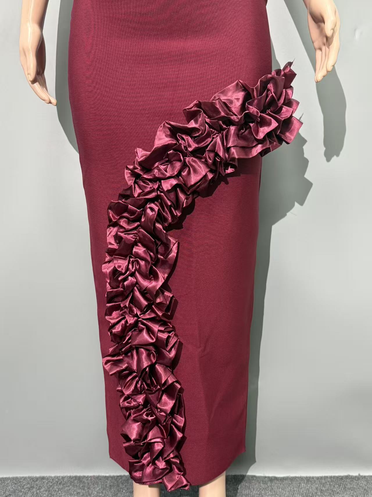 JOANNA RUFFLED BODYCON GOWN CLARET EVENING