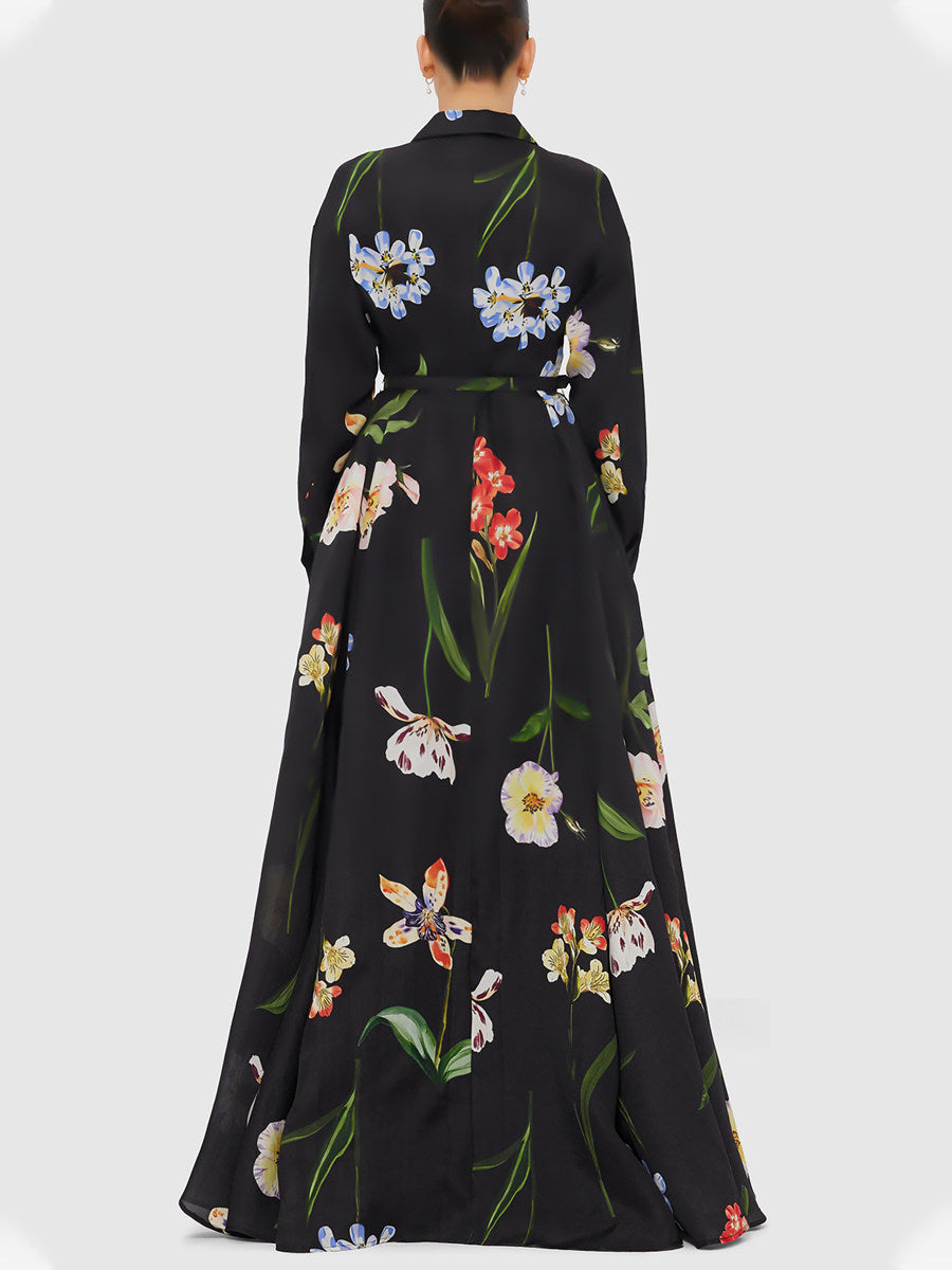 BLACK FLORAL BELTED SHIRT MAXI DRESS WITH SLIT